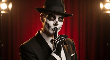 Mysterious skeleton man in suit gesturing silence for Halloween event, masquerade ball, theatrical performance, Day of the Dead celebration. Creepy, elegant, and silent.