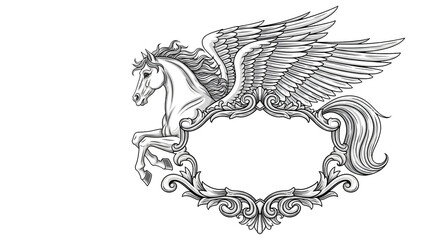 Majestic winged horse emblem with ornate frame for elegant branding and mythical design projects, inspiring fantasy and adventure