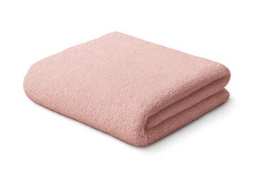 Pink terrycloth bath towel folded, clean hygiene