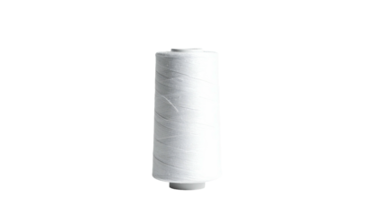 A white thread spool, centrally positioned on a black background, showing wrapped fibers