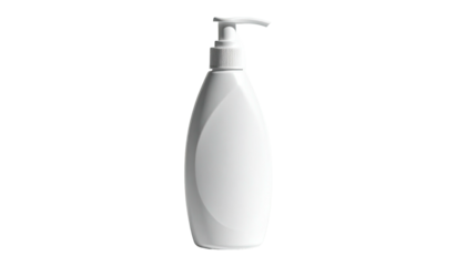 An isolated white liquid soap dispenser with a pump, against a stark black background