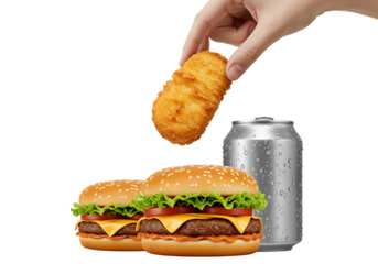 Hand holding hash brown over burgers and soda can isolated on transparent background
