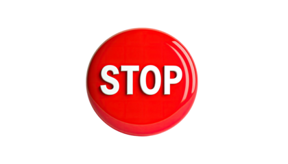 A bright red, circular button with the word "STOP" in white text centered