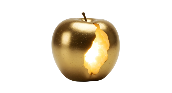Bitten golden apple symbolizing wealth, success, reward, and financial concepts. isolated PNG with Transparent Background