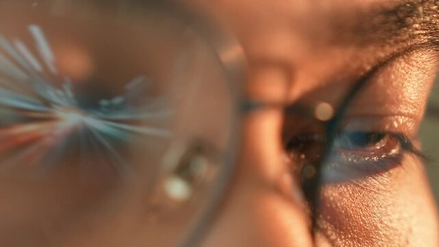 A person wearing glasses has dynamic digital light streaks reflected in their lenses, symbolizing speed, data transfer, connectivity, innovation, and the rapid flow of information in a digital age.

