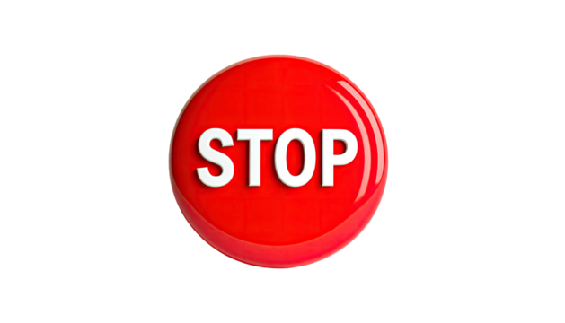 A bright red, circular button with the word "STOP" in white text centered