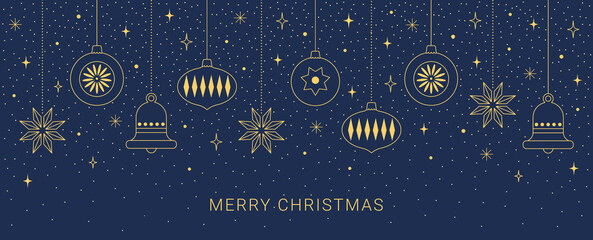 Merry Christmas and Happy New Year card or banner with holiday gold line icons. Luxury background with Christmas tree toys, baubles, stars, bell, ball in geometric minimal style. Xmas vector design.