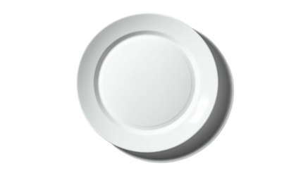 Overhead view of a round, white ceramic plate with a subtle shadow, isolated