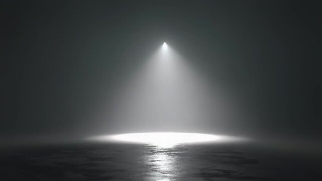 A lone spotlight on a foggy stage, casting a bright circular patch of light on the floor.