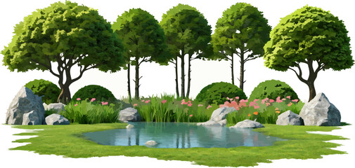 Naklejka premium Scenic garden with pond trees flowers and natural elements