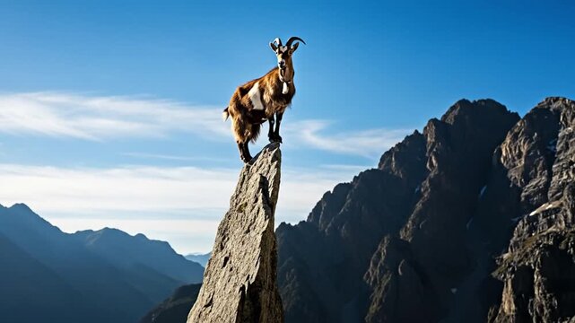 A confident wild goat balances perfectly on a sharp mountain peak against a clear blue sky, representing achievement and leadership