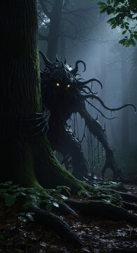 Eerie Guardian of the Woods: A Dark Forest Creature with Glowing Eyes