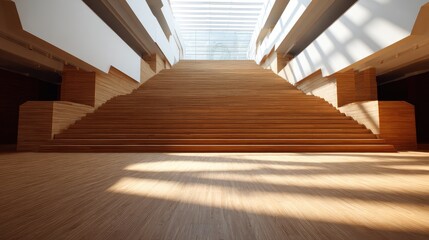 Obraz premium Modern Interior Design with Wooden Stairs and Natural Light in an Architectural Space Designed for Aesthetic Appeal and Functionality in a Contemporary Setting