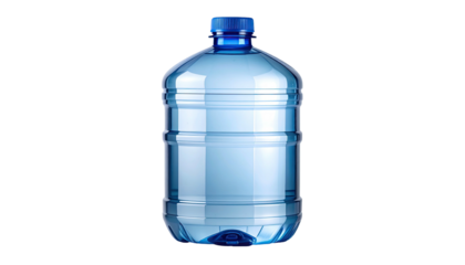 Large, transparent plastic water container with blue cap against a black backdrop