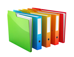 Colorful files, full of paper, stand in a row against a black background