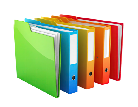 Colorful files, full of paper, stand in a row against a black background