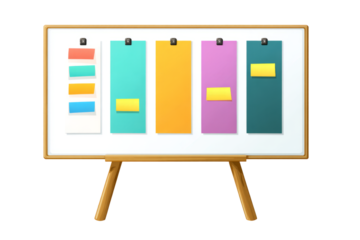 kanban stand-up at board, columns with colored cards