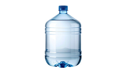 A large, transparent, blue-capped water container, filled with clear liquid, on black