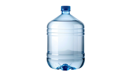 A large, transparent, blue-capped water container, filled with clear liquid, on black