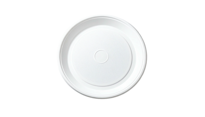 Overhead shot of a clean, round, white, disposable plate against a black background