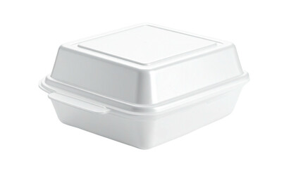 Square, white clamshell food container with a hinged lid, partially closed on black