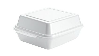 Square, white clamshell food container with a hinged lid, partially closed on black