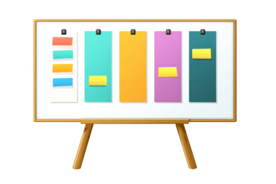 kanban stand-up at board, columns with colored cards
