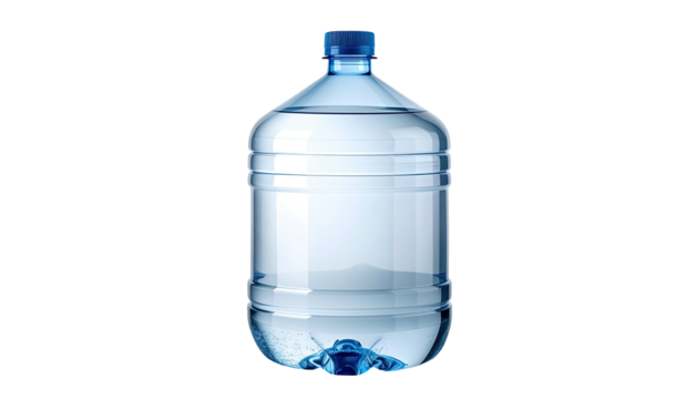 A large, transparent, blue-capped water container, filled with clear liquid, on black