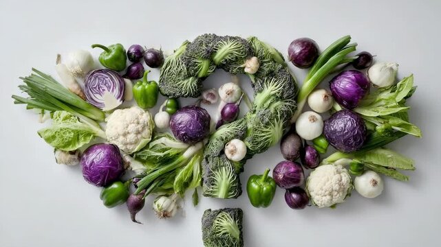 A heart-shaped arrangement of assorted vegetables including broccoli, cauliflower, cabbage, peppers, onions, garlic and greens.