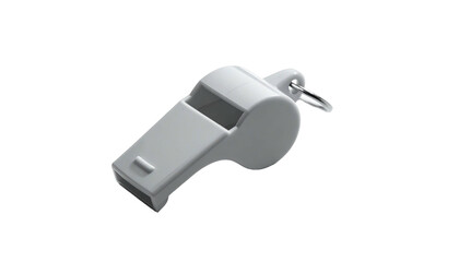 A gray plastic whistle, slightly angled, with a small silver metal loop, on black