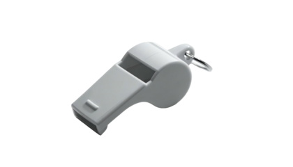 A gray plastic whistle, slightly angled, with a small silver metal loop, on black