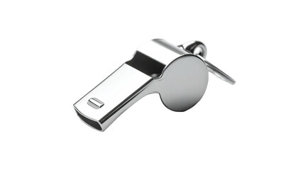 Shiny silver whistle, angled slightly right, set against a black, featureless background