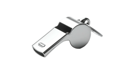 Shiny silver whistle, angled slightly right, set against a black, featureless background