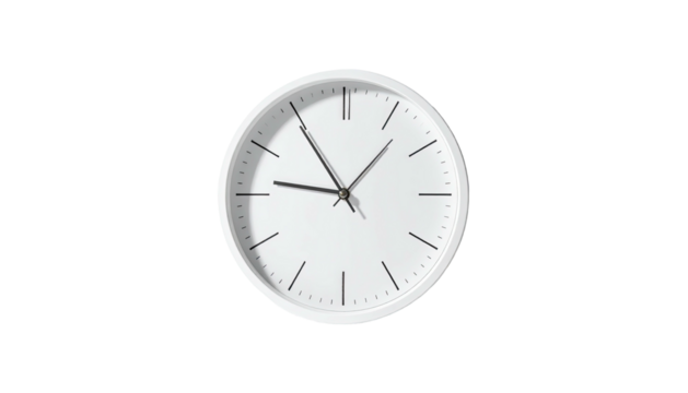 A white circular wall clock isolated against a stark black background, minimalist design