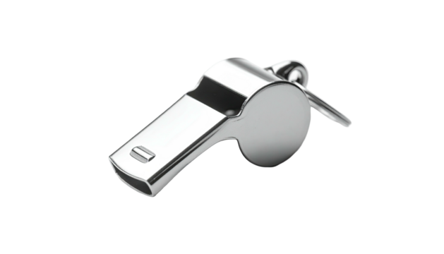 Shiny silver whistle, angled slightly right, set against a black, featureless background