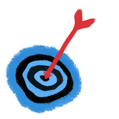Hand drawn target with arrow hitting the bullseye isolated on transparent background