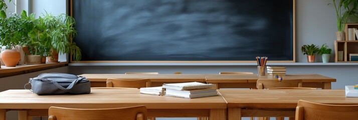 Empty classroom with wooden desks and large blackboard in a bright learning environment
