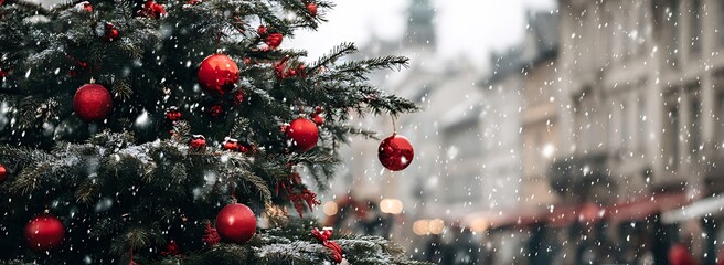 A beautifully decorated christmas tree stands against a snowy urban backdrop
