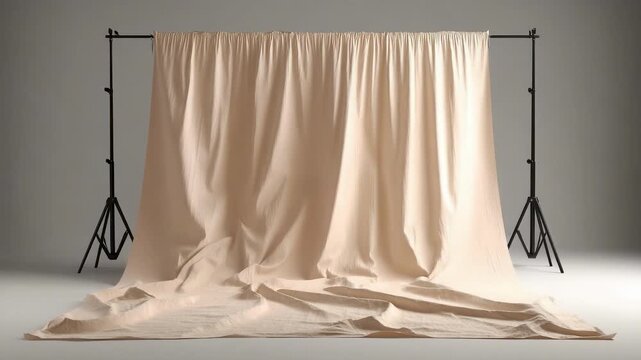 Beige fabric backdrop draped over a photography studio stand.