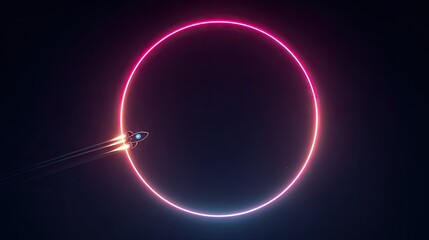 Obraz premium Rocket ship breaking through a neon circle.