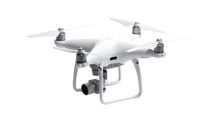 White quadcopter drone with four propellers, camera, and landing gear, isolated