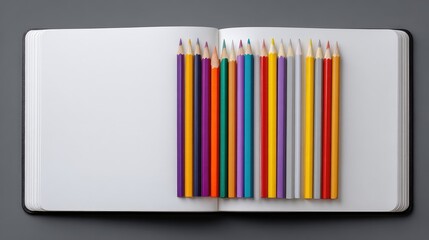 Obraz premium Colorful Pencils Arranged on an Open Blank Notebook Page, Showcasing Artistic Tools for Creativity and Inspiration in a Minimalistic Background