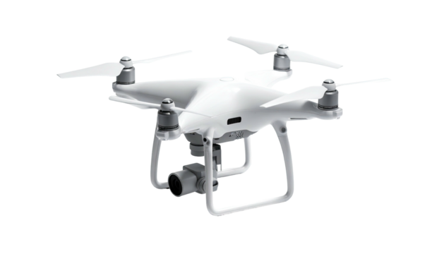 White quadcopter drone with four propellers, camera, and landing gear, isolated