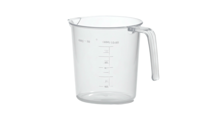 A transparent plastic container with a handle and graduated markings for measuring liquids