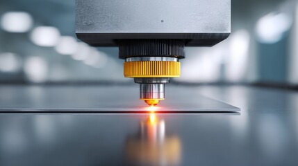 Precision Cutting Technology: Close-up of Laser Cutter Performing High-Quality Material Processing on Metal Sheet in Modern Industrial Workshop Environment