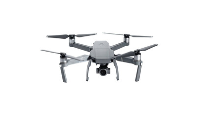 A grey aerial drone, with propellers and camera, is isolated on a black background