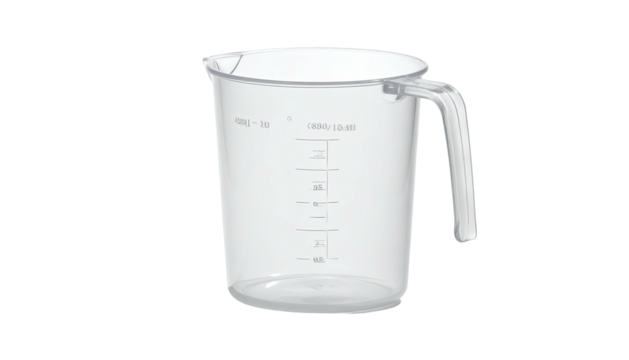 A transparent plastic container with a handle and graduated markings for measuring liquids