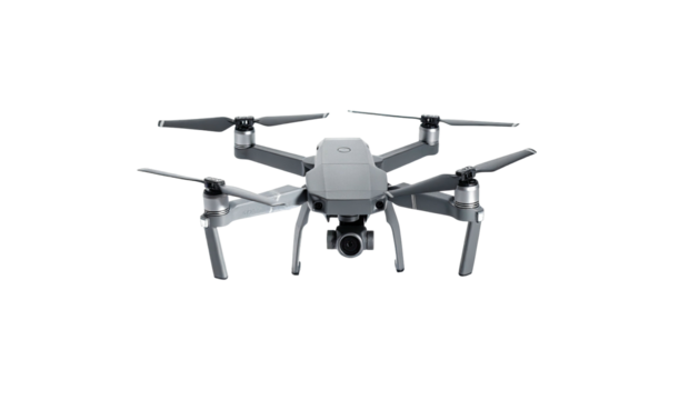 A grey aerial drone, with propellers and camera, is isolated on a black background