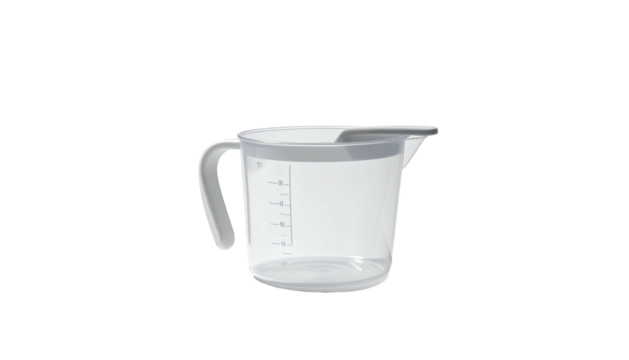 A translucent plastic measuring jug with grey accents and a handle, on a black background