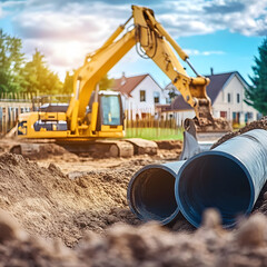 Yellow excavator digging trench for large pipes at residential construction site